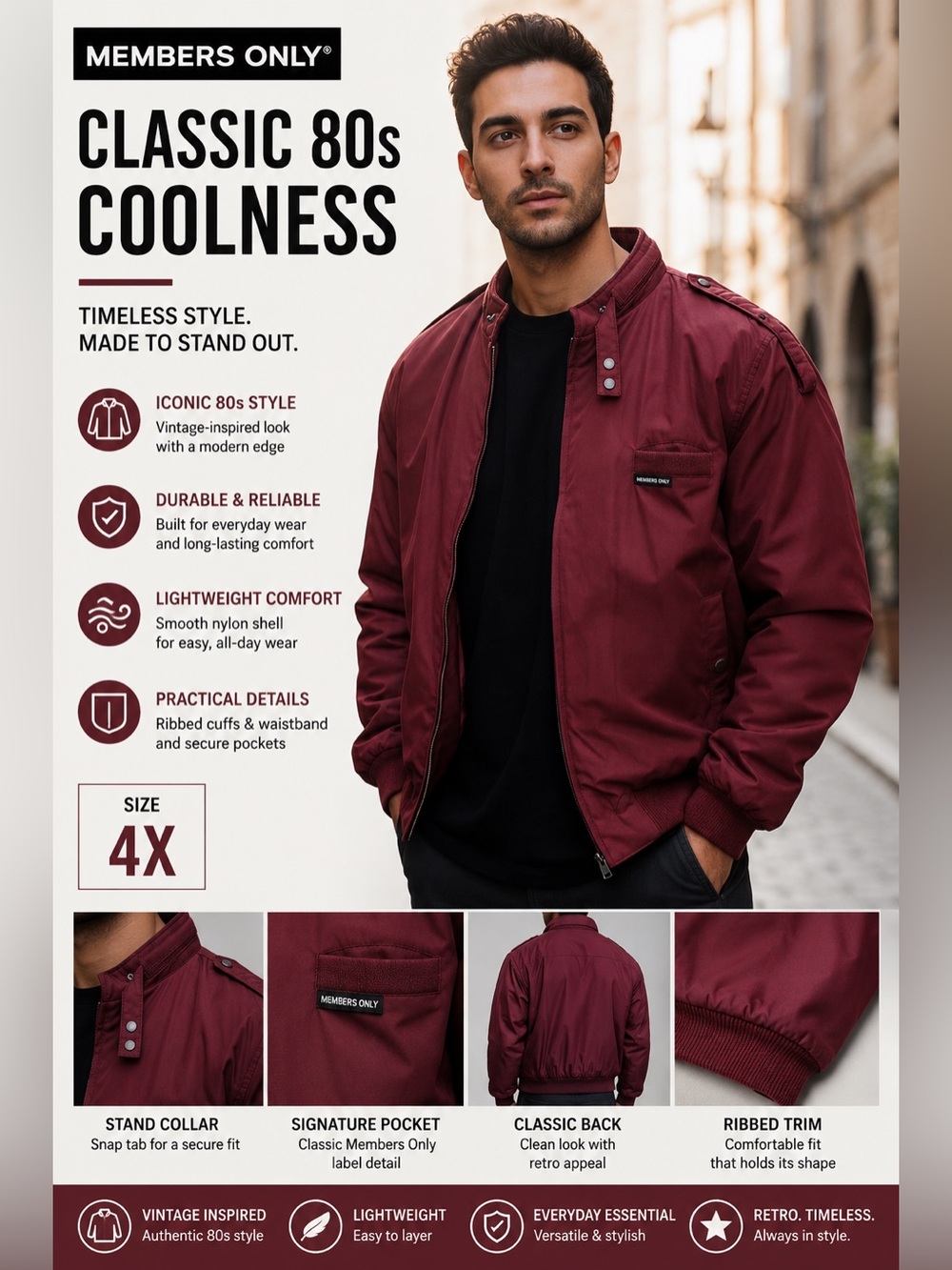 Members Only Burgundy Bomber Jacket 4X  Classic 80s Retro Vintage Preppy Coat